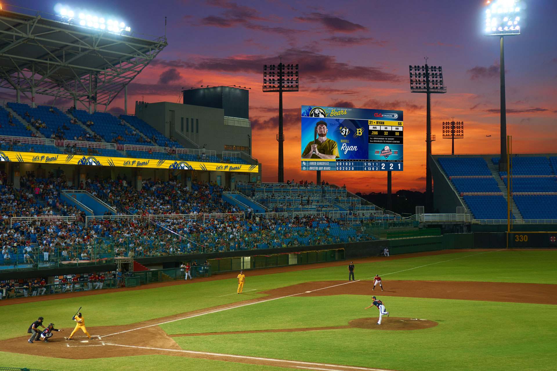 Digital video wall screen content at a baseball stadium created by Incubate Design for Planar
