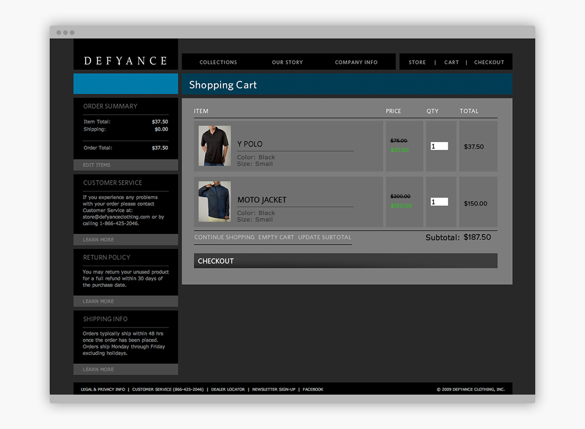E-Commerce Website design created by Incubate Design for Defyance Clothing