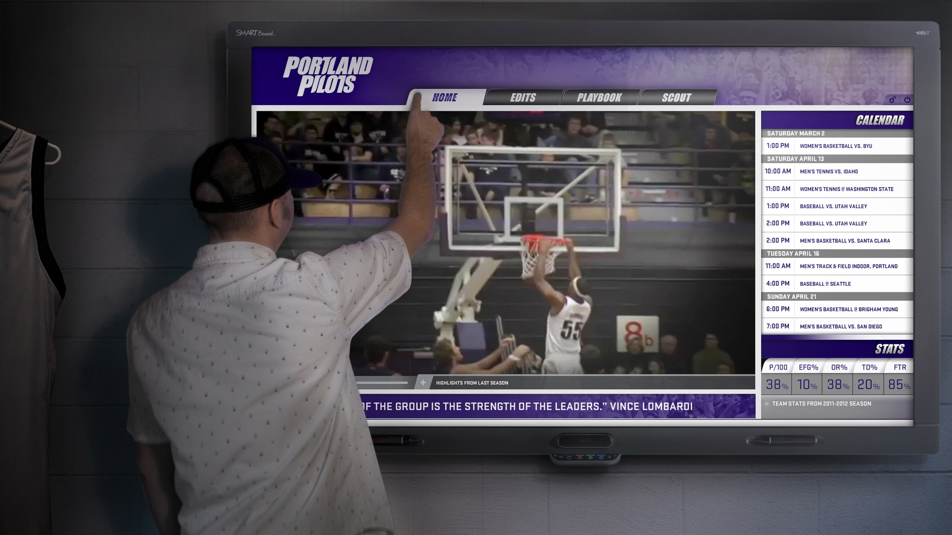 University of Portland Pilots Basketball Coaching App on touchscreen tv monitor on wall