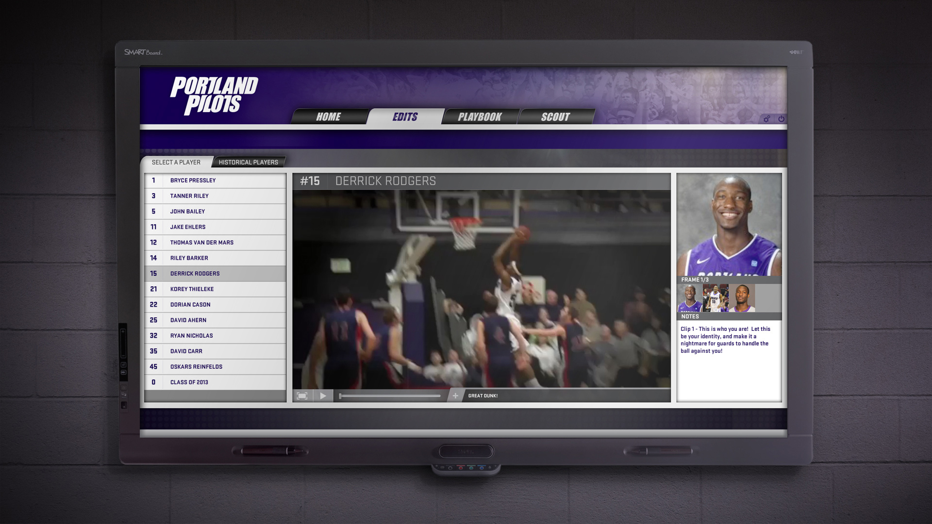 University of Portland Pilots Basketball Coaching App on touchscreen tv