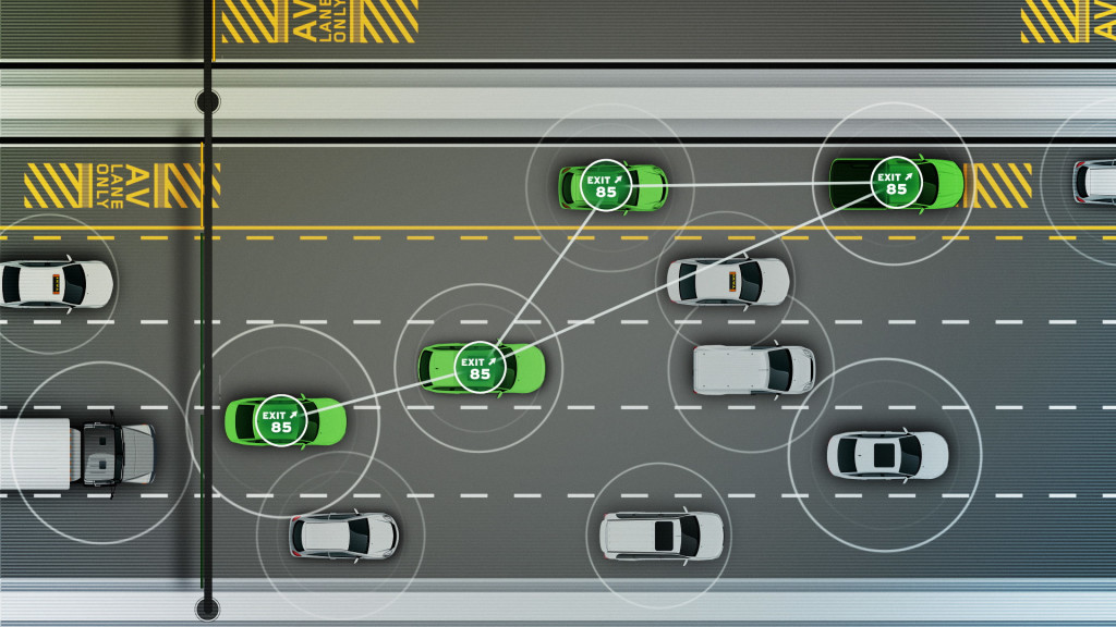 Graphic of cars on freeway connected by intelligent transportation system