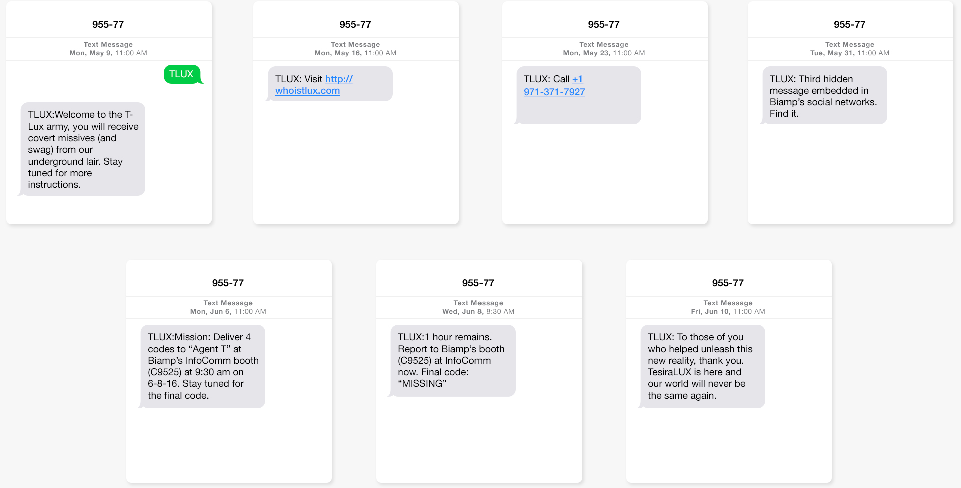 Screenshots of digital campaign engagement text messages for Biamp's TesiraLux Product Launch
