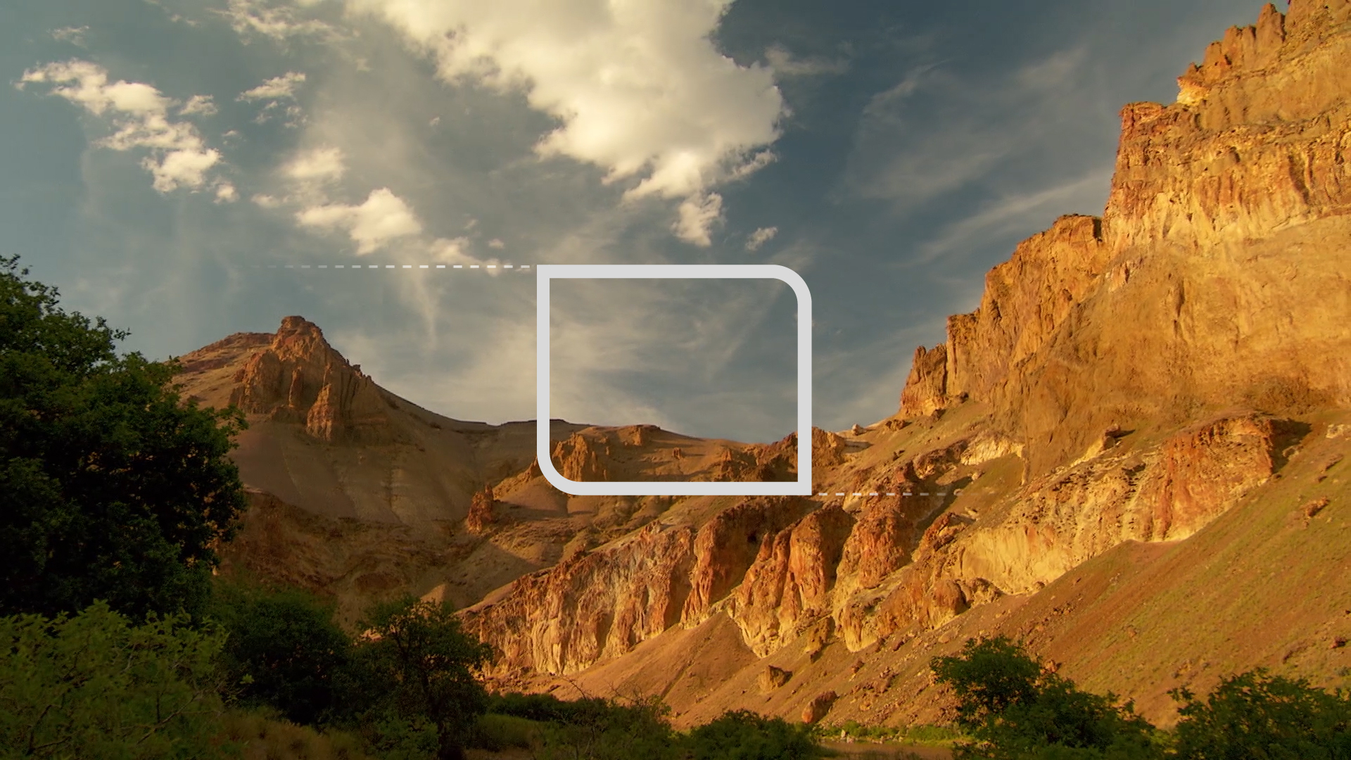 Animation of graphics for OPB's Oregon Field Guide logo overlaid on footage of sunlit cliff walls
