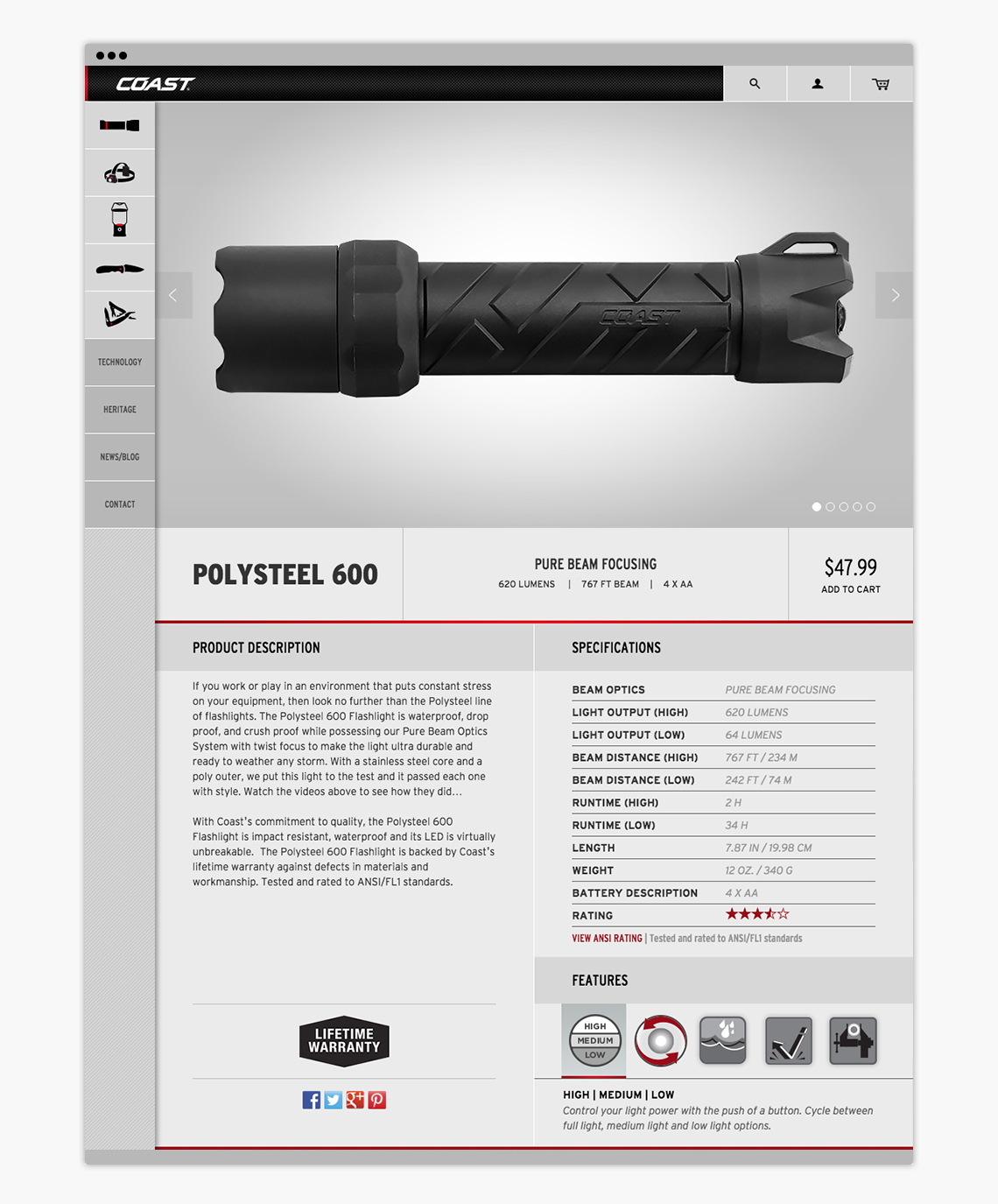 Product page of Coast Products website