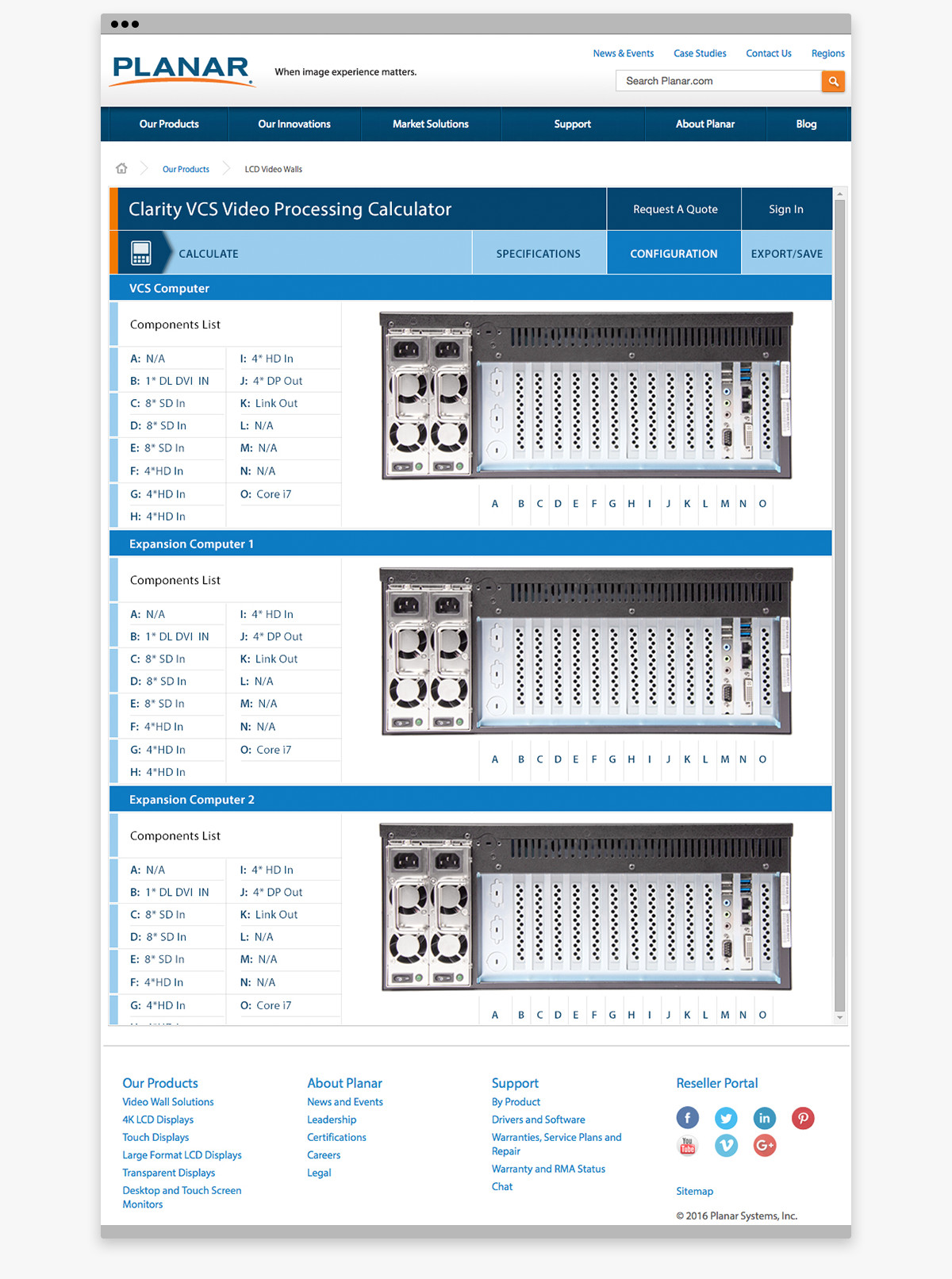 Configuration page of Planar's Clarity VCS Calculator