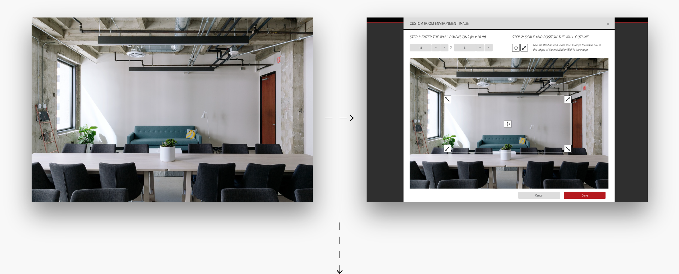 Screenshots of custom room content feature on Planar's Video Wall Calculator