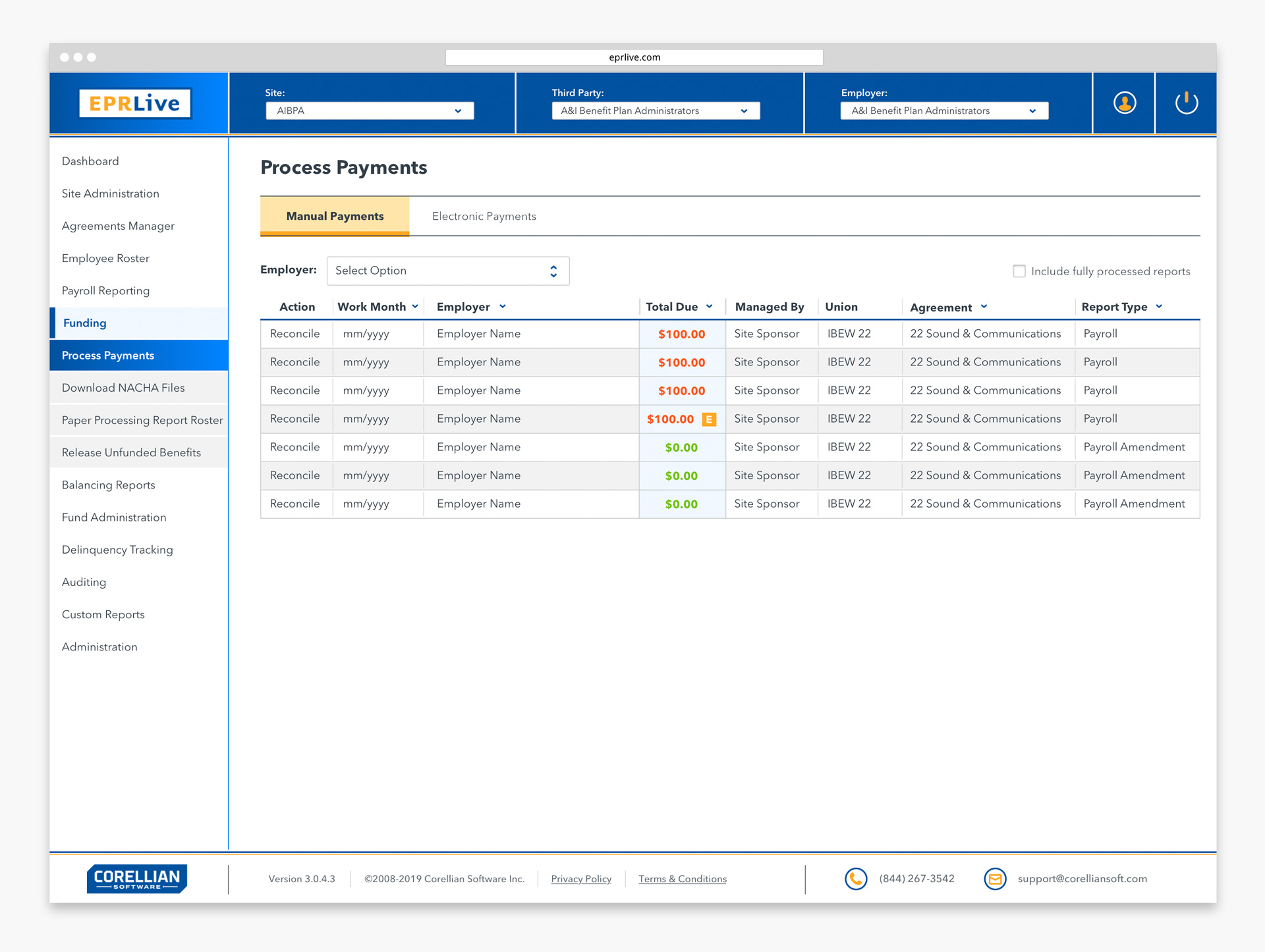 Process payments page for EPRLive web application