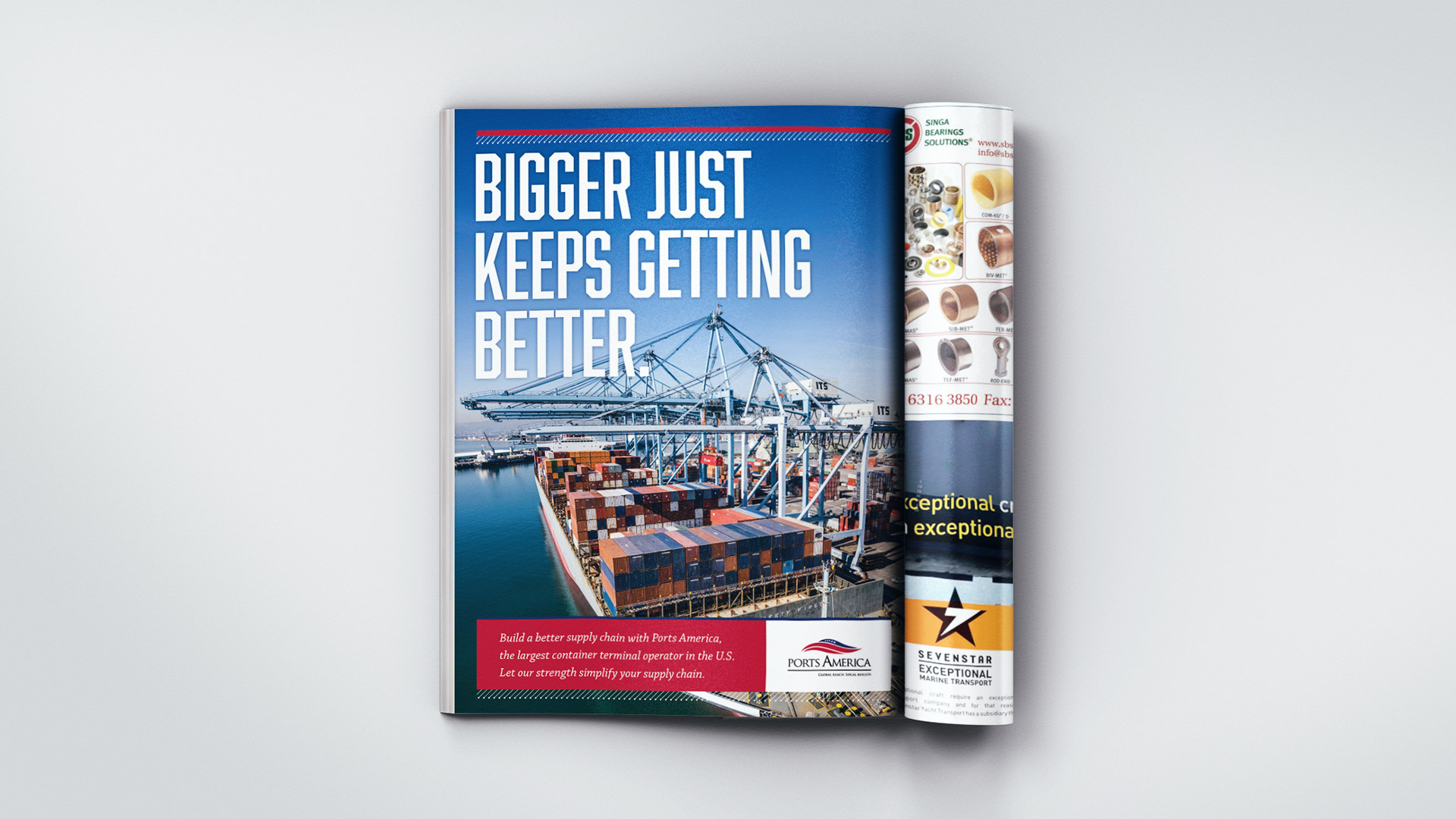 Single page Ports America ad in magazine created by Incubate Design