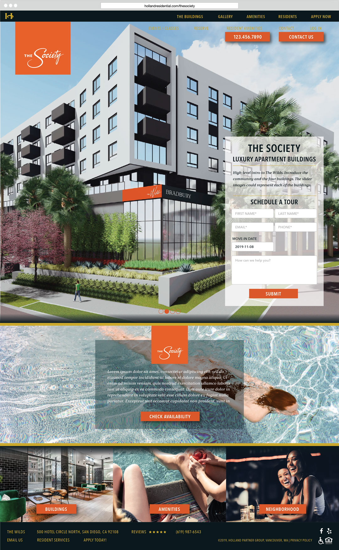 Mockup of The Society Luxury Apartments Holland Residential webpage created by Incubate Design