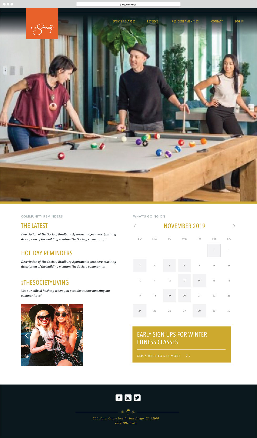 Mockup of The Society Luxury Apartments resident webpage created by Incubate Design