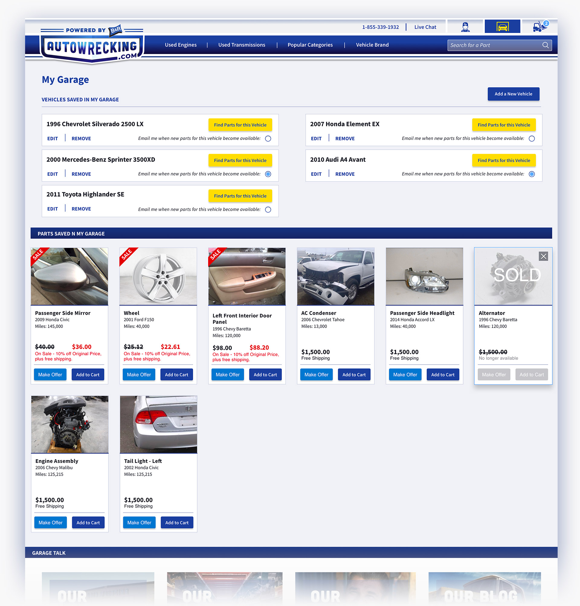 My Garage page design from Autowrecking.com website designed by Incubate Design