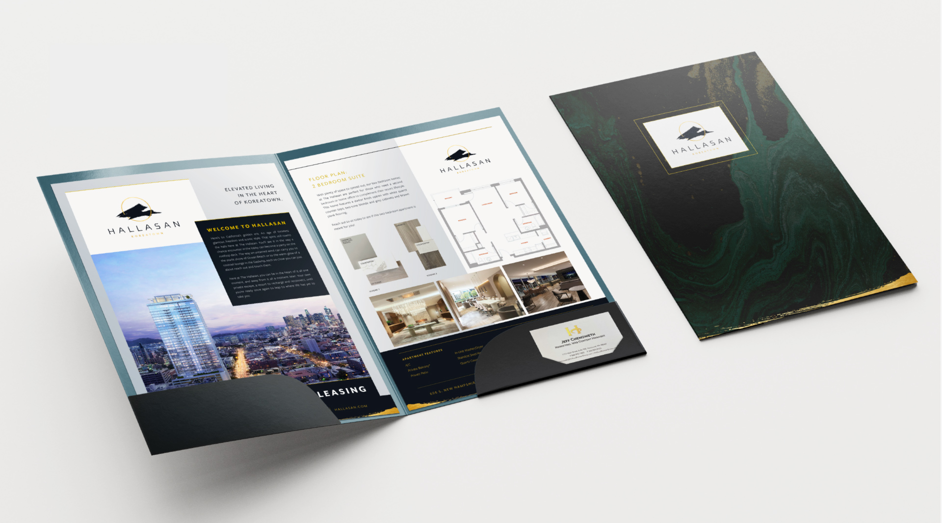One-sheet and folder design created for Hallasan Luxury Apartments brand