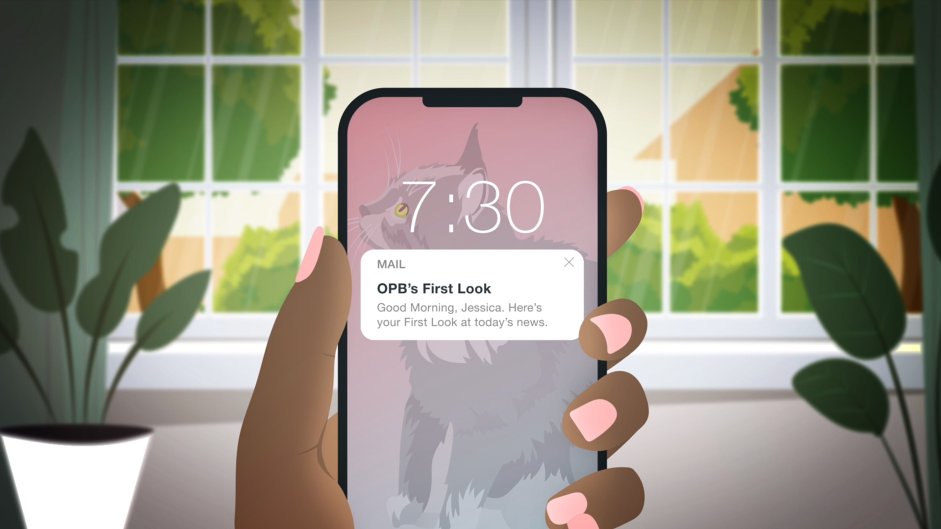 Illustration of alert on mobile device for Oregon Public Broadcasting's First Look