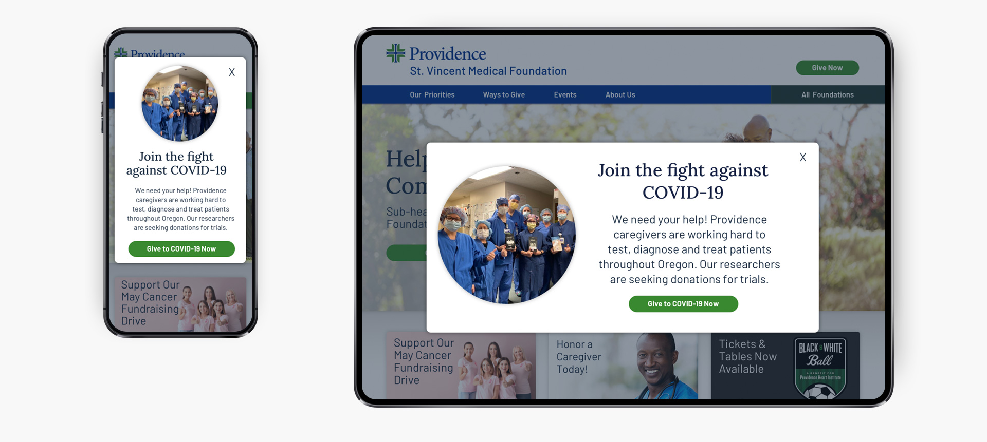 Providence Health Website pop-up example