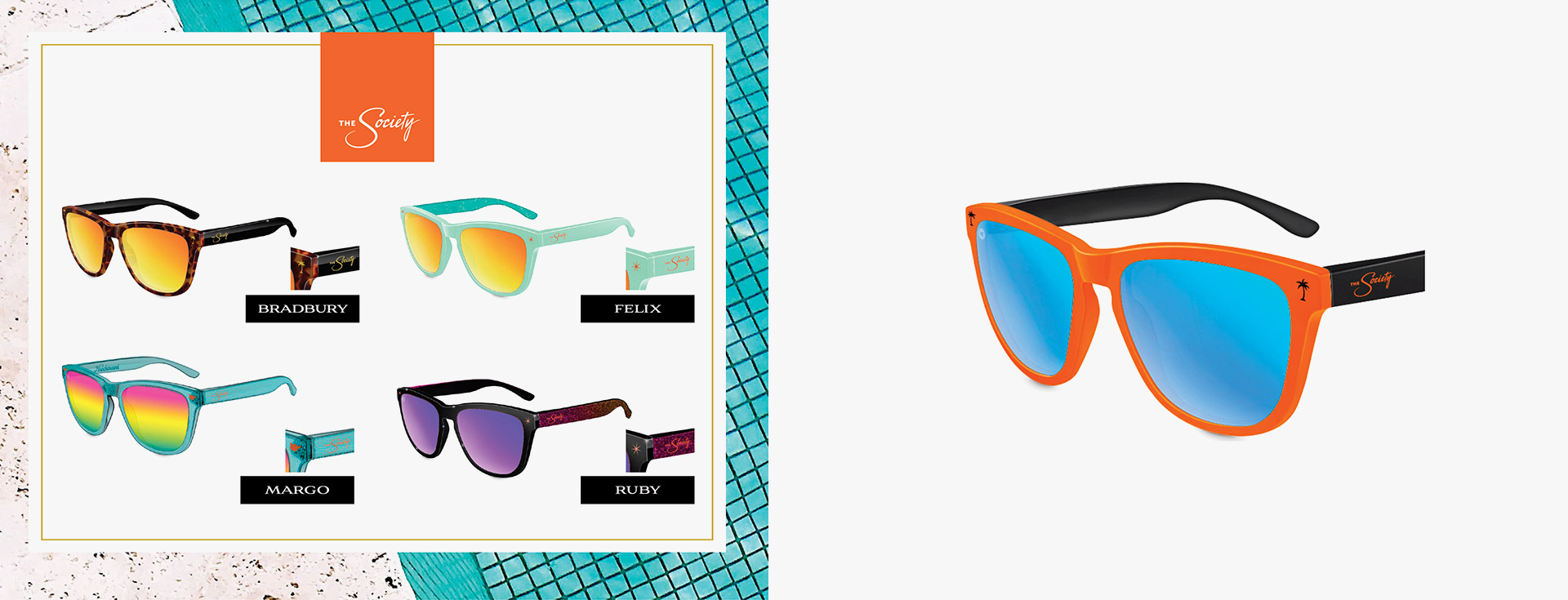 The Society apartments branding mockups of sunglasses created by Incubate Design for Holland Residential