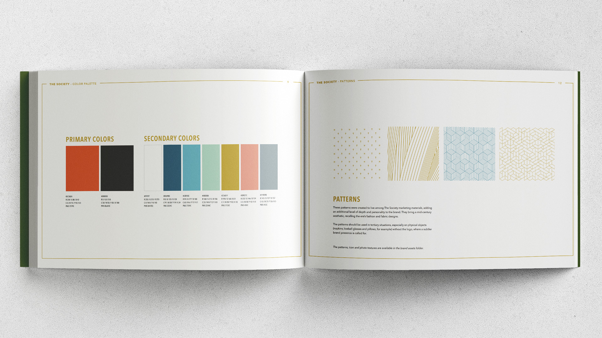 The Society apartments branding brand book showing color created by Incubate Design for Holland Residential