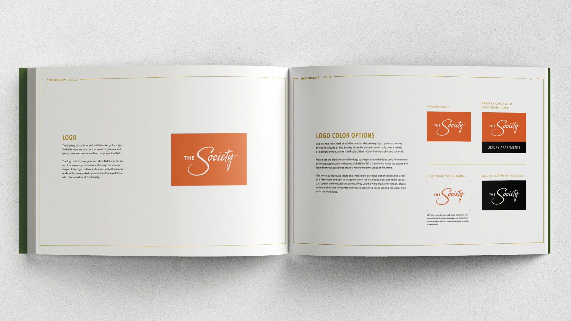 The Society apartments branding brand book showing logo created by Incubate Design for Holland Residential