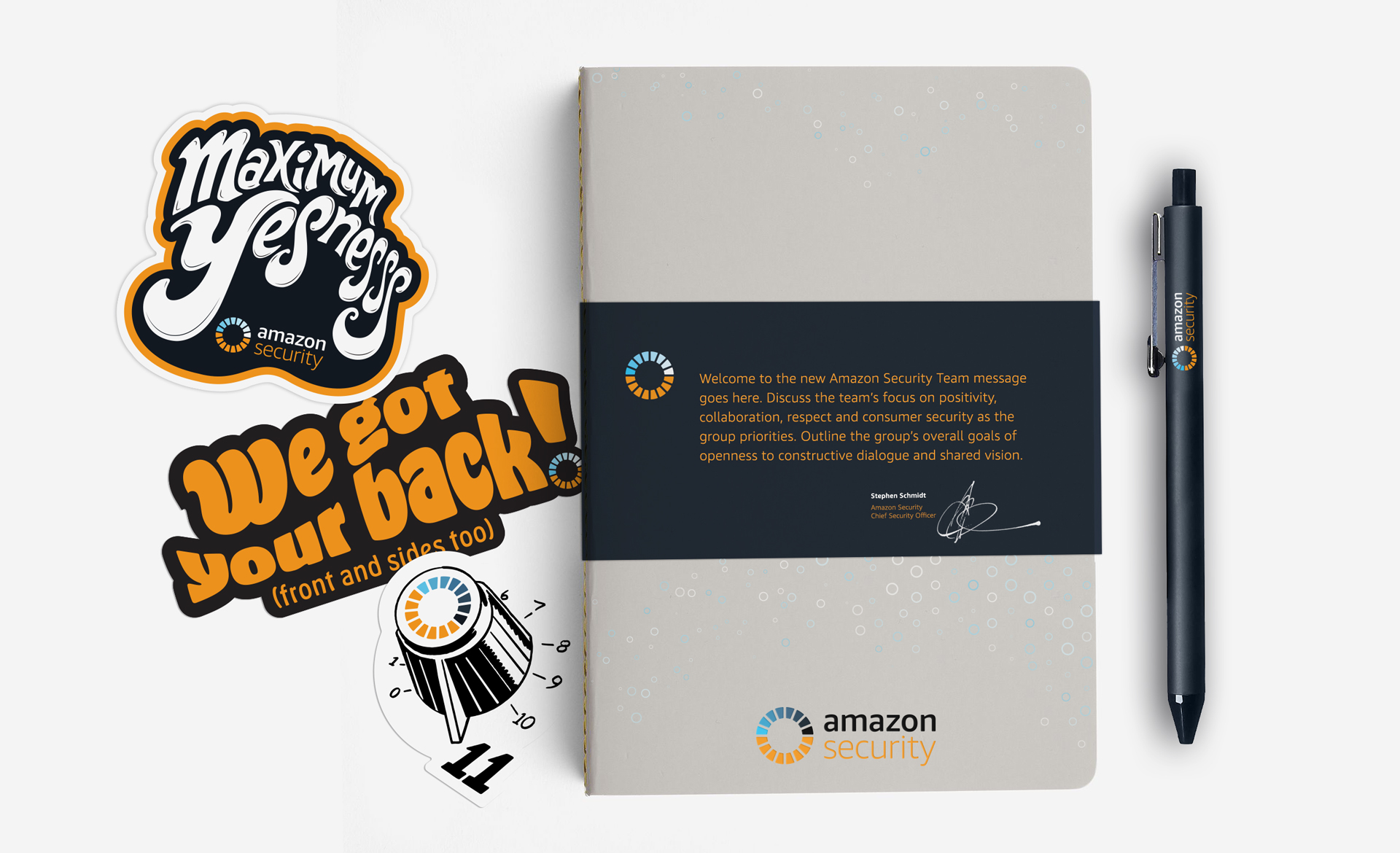 Amazon Security stickers and branded notepad created by Incubate Design for Amazon