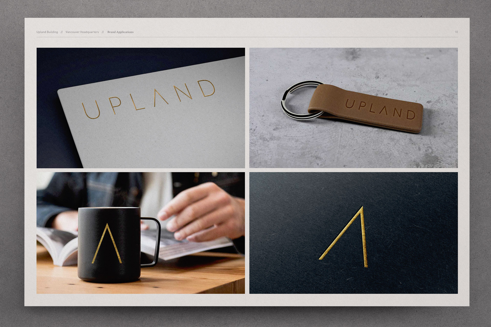 Upland Brand Book Logo mockups of coffee cup and key chain created by Incubate Design for Holland Residential