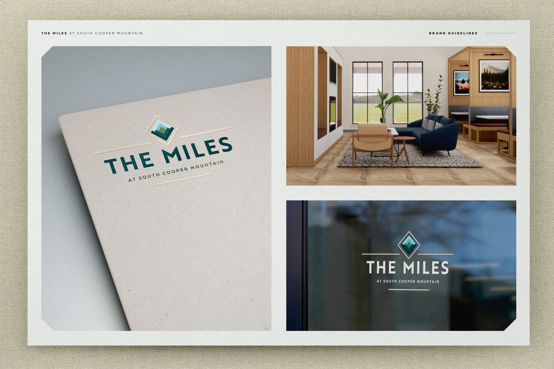 The Miles at South Cooper Mountain brand mockups showing a window and folder created by Incubate Design