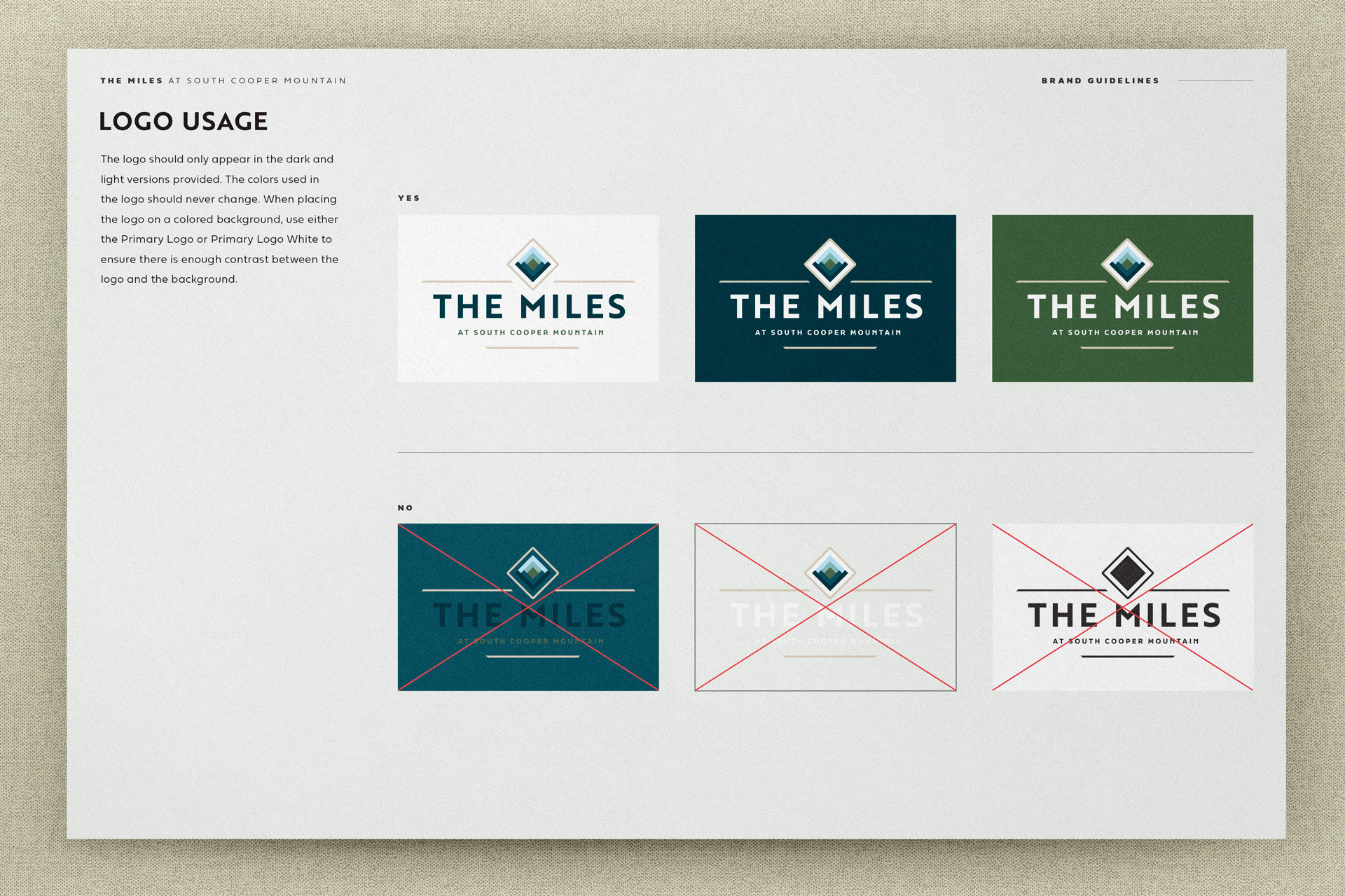 The Miles at South Cooper Mountain brand book showing the logo created by Incubate Design
