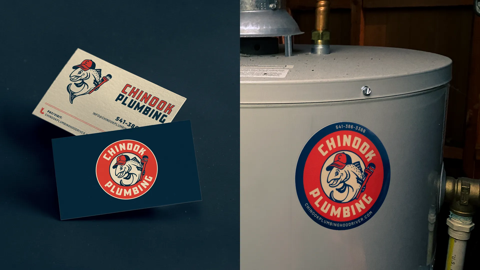 split image with Chinook Plumbing business cards and sticker on water heater