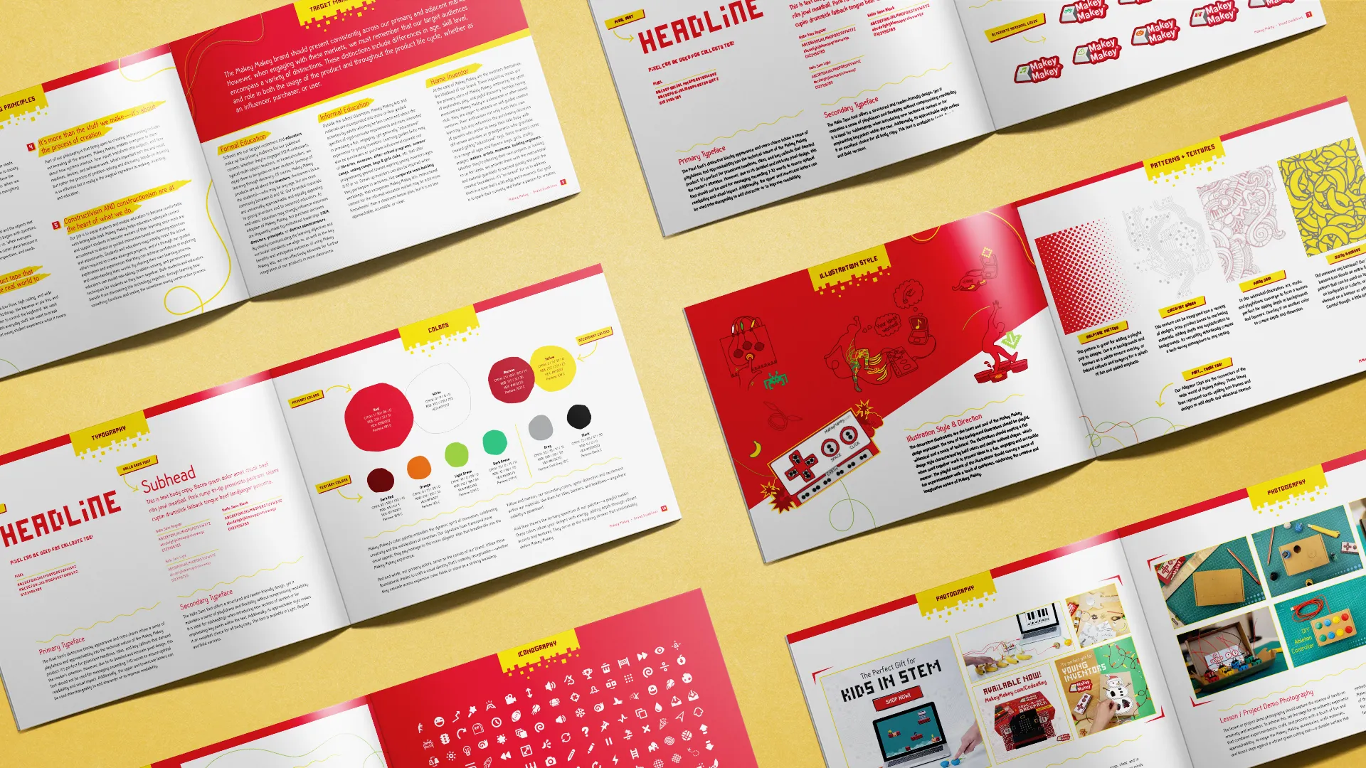 Open spreads from Makey Makey brand guidelines book laying on yellow paper background