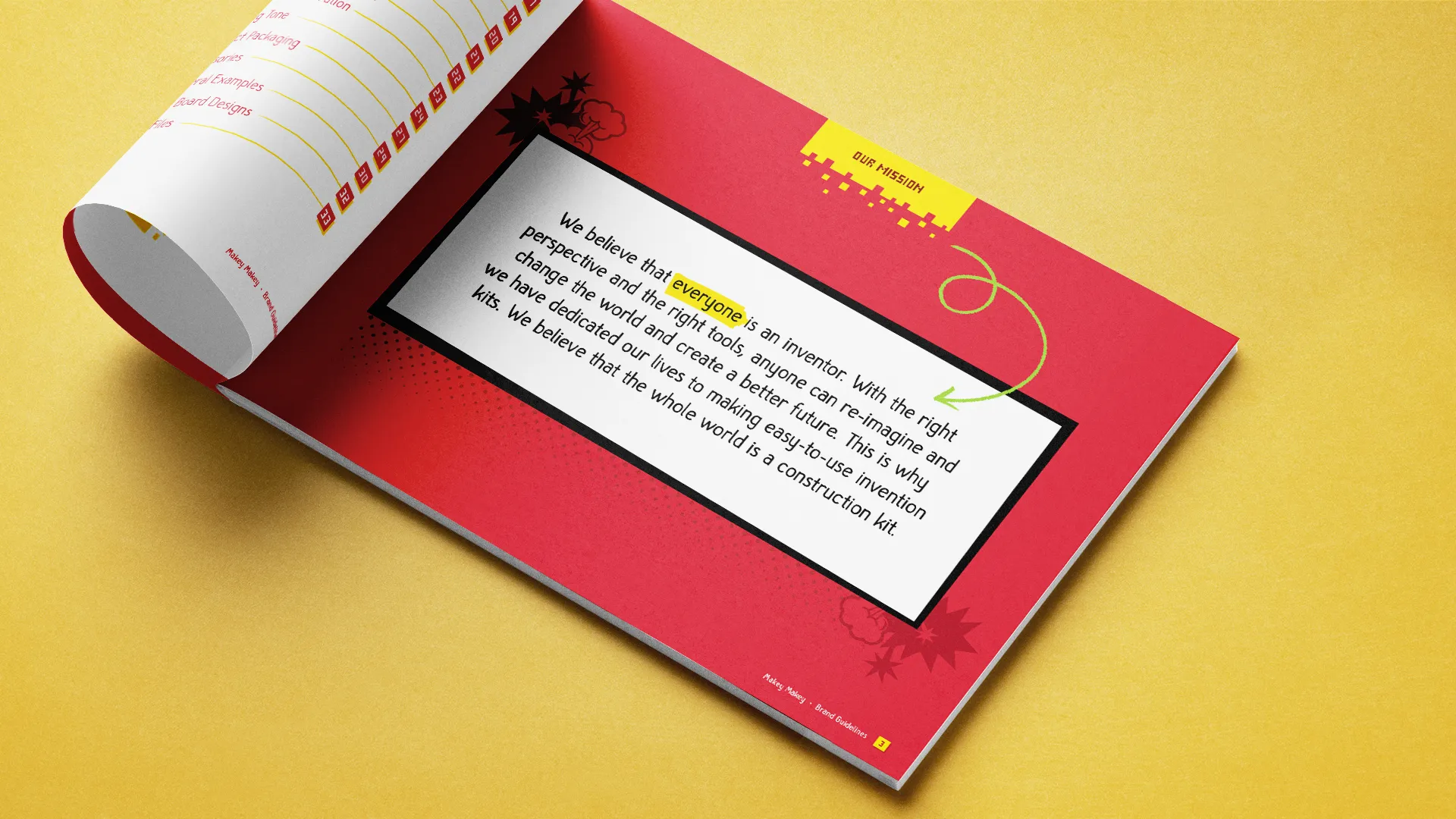 Mission statement page from Makey Makey brand guidelines book