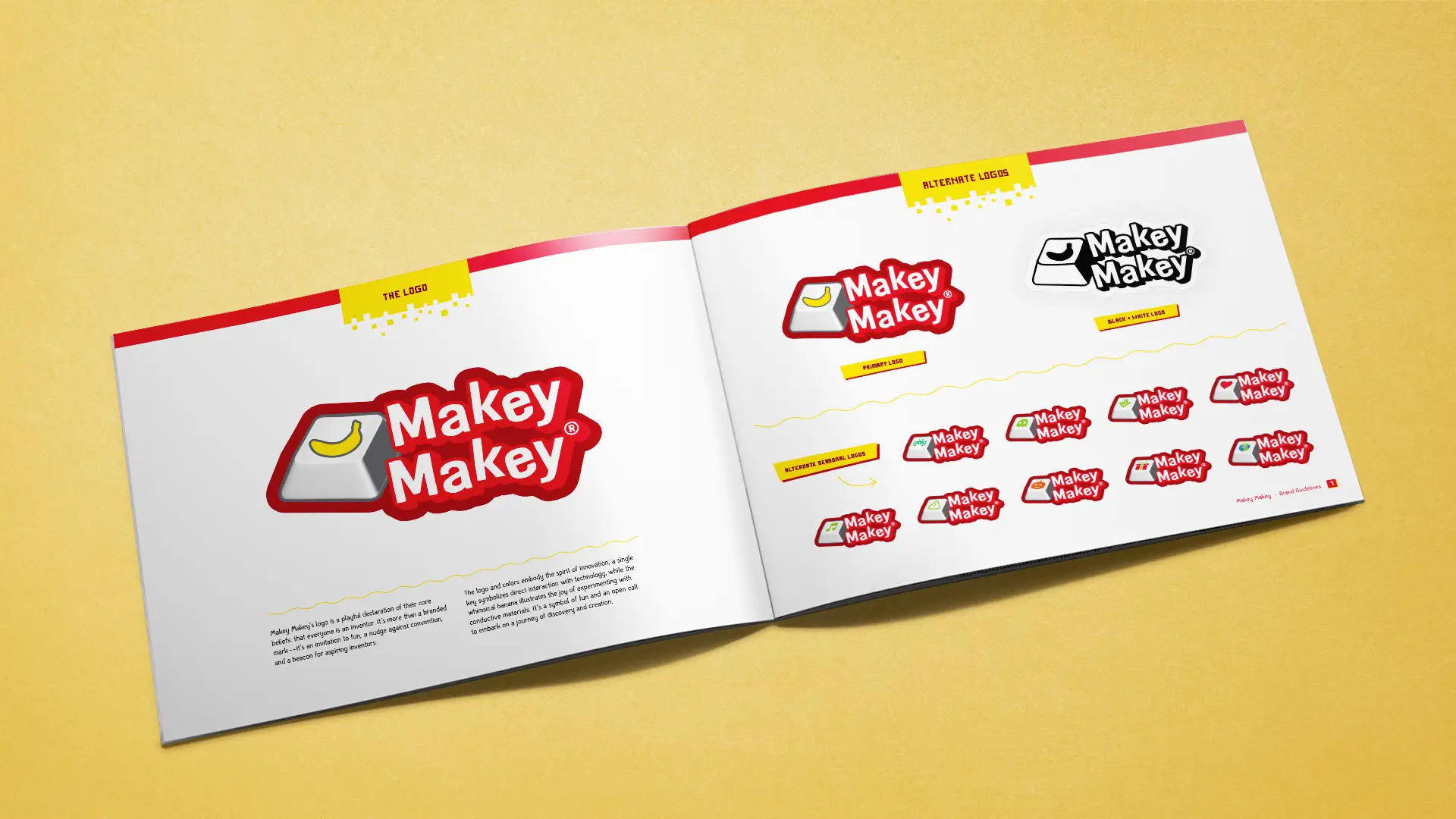 Pages from Makey Makey brand guidelines book laying on yellow paper background